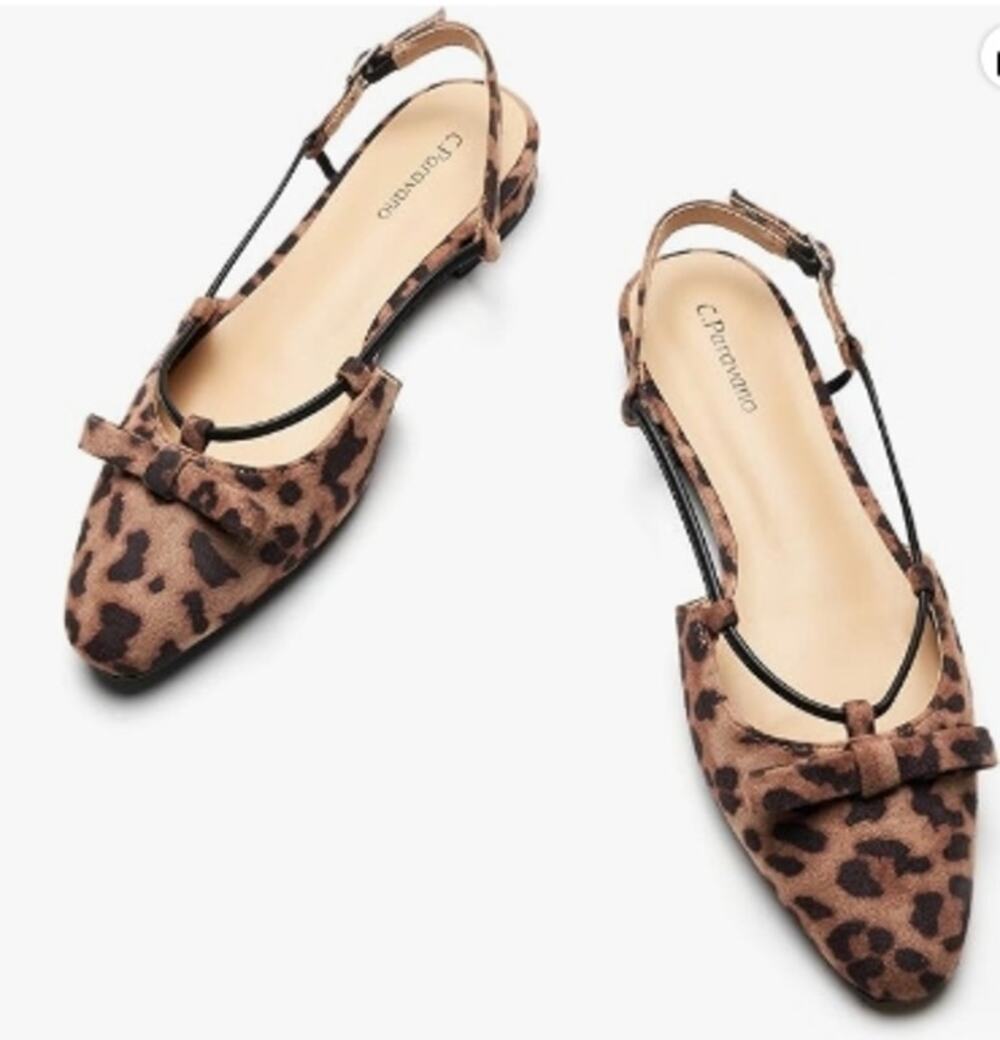 C.Paravano Women's Pointed Toe Slingback Flats Leopard Print US 5.5 EU 36 NEW